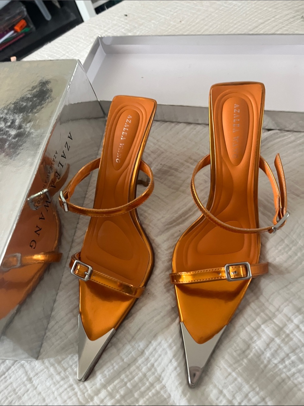 AKIRA Metallic Orange Pointed Toe Strappy Heels